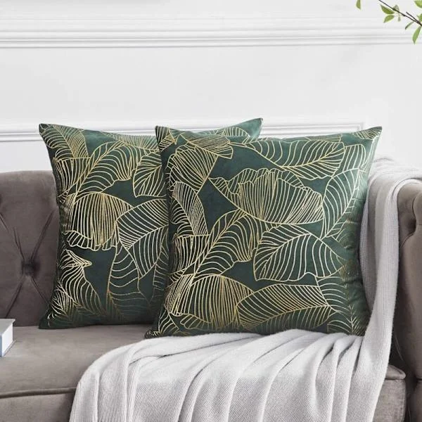 Putetrekk 50x50cm Fløyel Gullblad Putetrekk Grønn Dekorativt Putetrekk Pyntepute for Sofa Soverom Stue Sett med 2[qb]