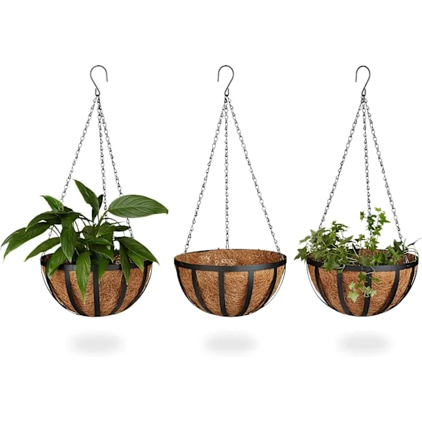 Hage Aksent, Kokosfiber Liner Hengekurv For Veranda Dekor, Minimalistisk Design Metall Plantekasse, 3 stk