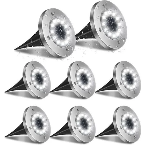 Utendørs solcellelampe - 8 LED-spotter - IP65 vanntett - Rustfritt stålhus - Innfelt [8 LED-er - Hvitt lys]