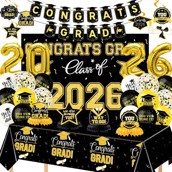 Examensdekorationer 2026 Set: Klass 2026 Dekorationer med Grattis Student Bandroll Bakgrund Ballonger Muffinsdekorationer för Examensfest Dekorationer