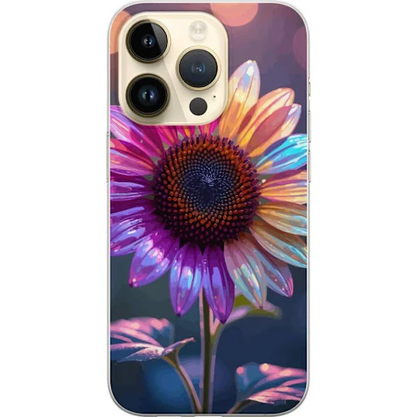 Yhteensopiva Puhelinkuori Apple iPhone 14 Pro Värikkäinen auringonkukka pinkissä, lilassa ja sinisissä sävyissä, jotka luovat eloisan ja taiteellisen