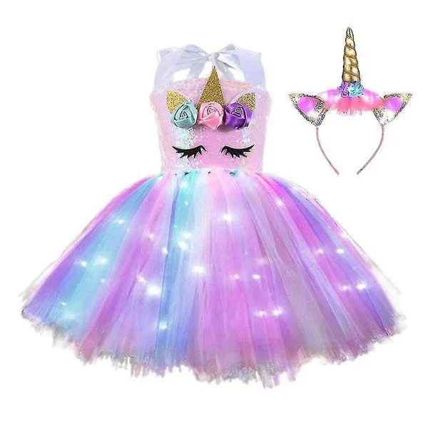 Lasten tyttöjen yksisarvisasu LED-valoilla Tutu-mekko + hiuspanta asukokonaisuus Cosplay-karnevaali syntymäpäiväjuhliin