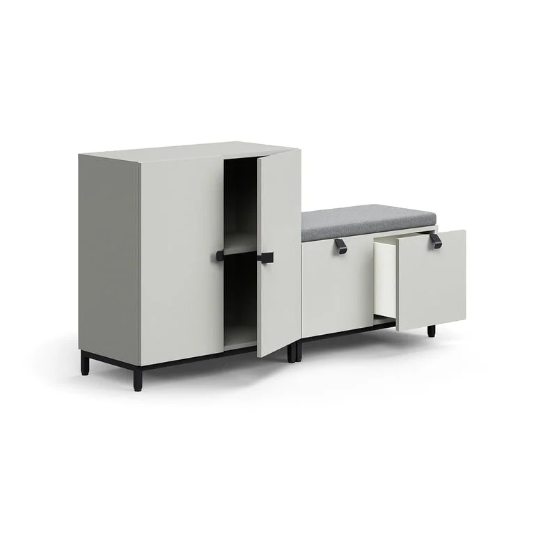 Storage unit QBUS, cabinet + storage bench, leg frame, handles, 868x1600x420 mm, light grey, grey cu