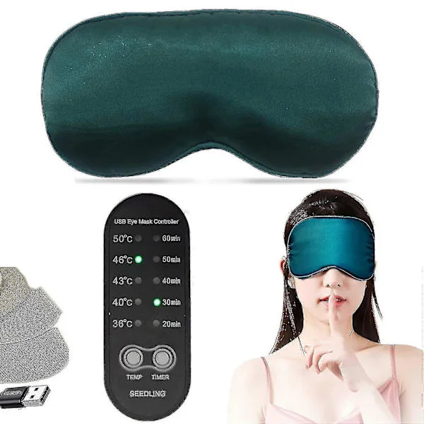 Opvarmet øjenmaske til tørre øjne, sovemaske, silke øjenmaske, USB med varme- og tidsstyring (grøn)