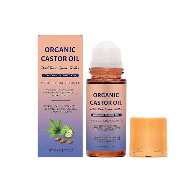 Økologisk Golden Castor Oil Roll-On med Rosenkvarts, 100% Kaldpresset Ren for Hud, Bryn & Vipper, Heksanfri