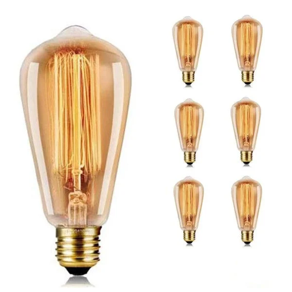 Vintage Edison lyspære 40W - Dimbar Skrue ST64 - E27 Sokkel 220V Lyspære Klassisk Antikk Lyspære Stil - Varmhvit 2700K - Amber Glass