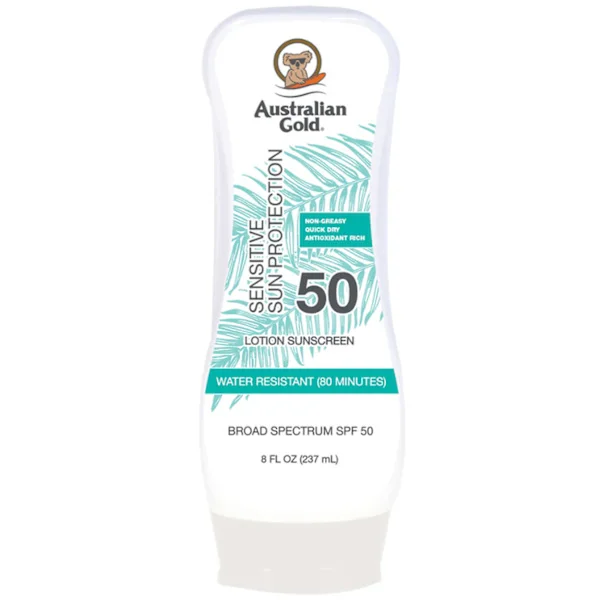 Australian Gold Sensitive Skin Solcreme Spf 50 Til Meget Sensitiv Hud, Parfumefri & Hypoallergen, Vandfast 80 Min, 237 Ml