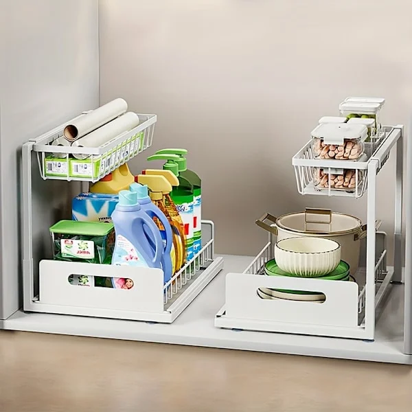[RM]2-tier Under Sink Organizer Heavy Duty Metal Pull Out Cabinet Storage Shelf White Black Waterproof White