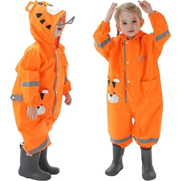 Pöls Rain Suit Kids Waterproof Overall for Boys and Girls One-Piece Raincoat Hooded Lightweight Animal Pattern S(S)