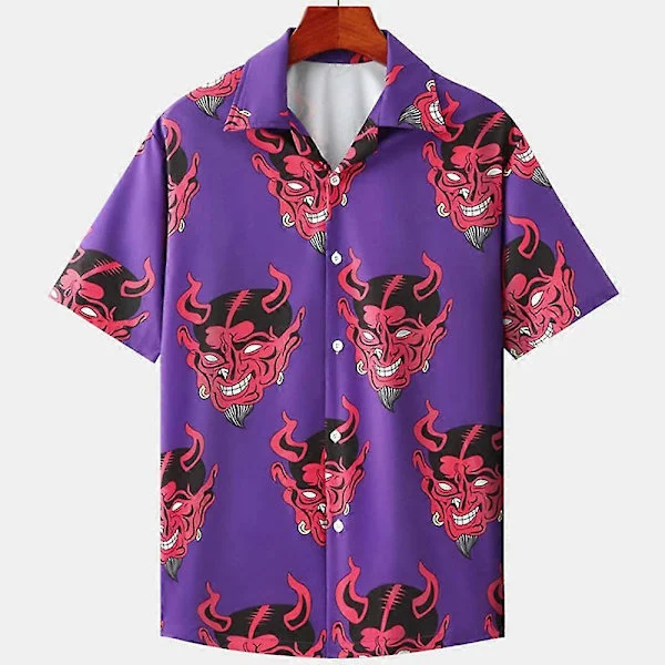 Herre Skjorte Hawaiiansk Cubansk Krave Djævleprint Mode Skjorte Til Mænd Streetwear Sommer Kortærmet Top Trendy Nyt Herretøj