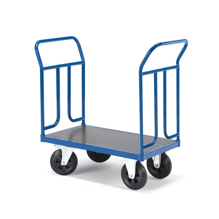Plattformvogn, 2 rørgavler, L900 B500 mm, 500 kg, massivgummihjul, med brems