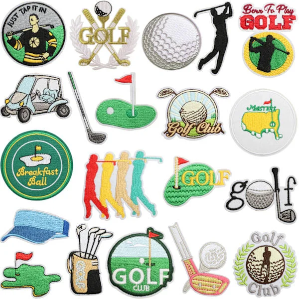 20 st Golf Stryk på Märken Broderade Golf Sport Stryk på Dekorativa Gröna Gräs Golfbana Applikationer Märken för Hattar Kläder Jackor Jeans Klänning B