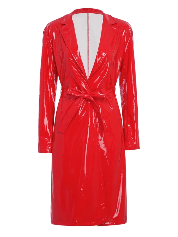 AliExpress - Trench-Coat Long en cuir PU pour femmes adultes, Blazer Clubwear, revers brillant, ouvert sur le devant, vestes longues avec ceinture, 