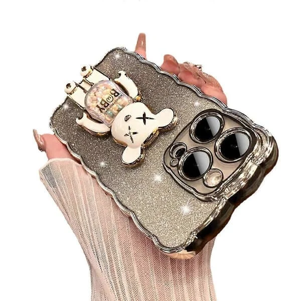 iPhone 13 Pro Max med skärmskydd, Sött Roligt Kawaii Nallebjörn Djurfigur Mobilskal Glitter Bling 3D Omslag Silikon Mobilskal - silverfärgad