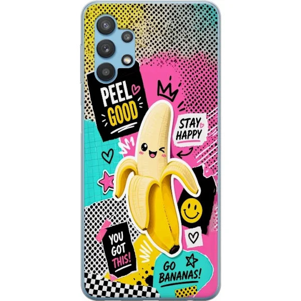 Kompatibelt Mobilskal till Samsung Galaxy A32 5G Färgglatt bananmotiv med positiva texter och lekfull pop art design