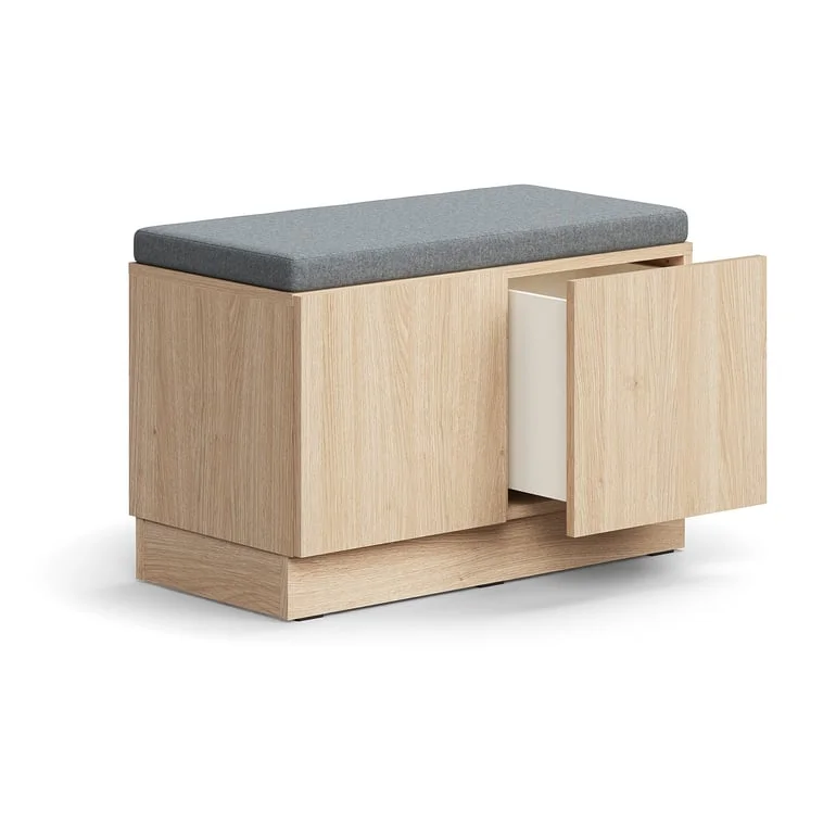 Drawer storage bench QBUS, base frame, push-open, 534x800x420 mm, oak, grey cushion
