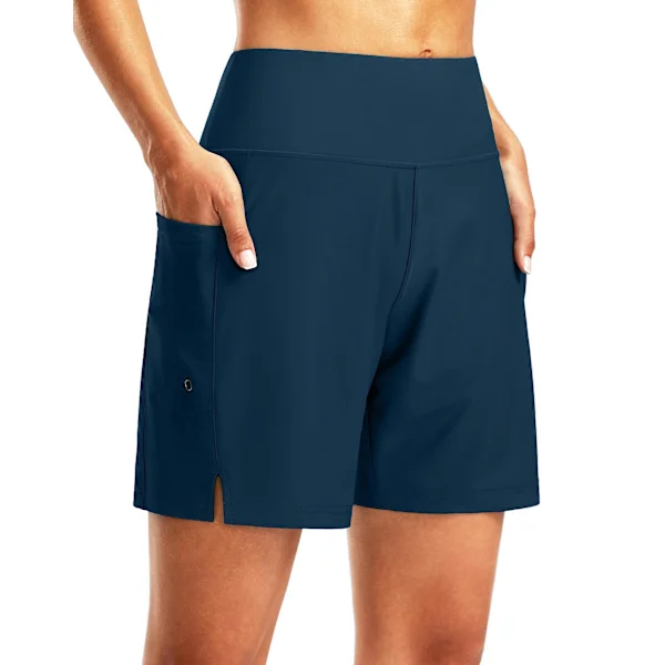 High Waisted Swim Shorts with Phone Pockets, Quick Dry Women's Swim Shorts with Lining Dark blue[TT]