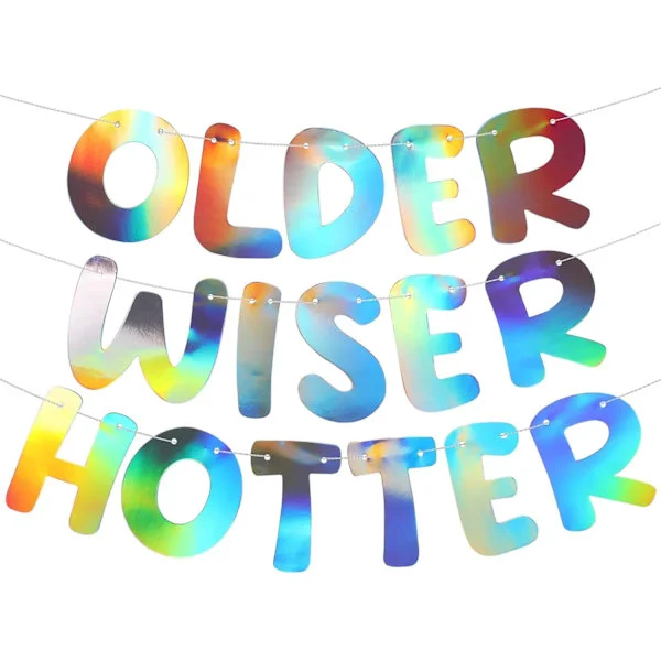 Set med 3 strängade "Older Wiser Hotter" glitterbanderoller Rolig födelsedagsbanderoll för kvinnor 30-, 40-, 50-, 60-, 70-, 80-årsfest