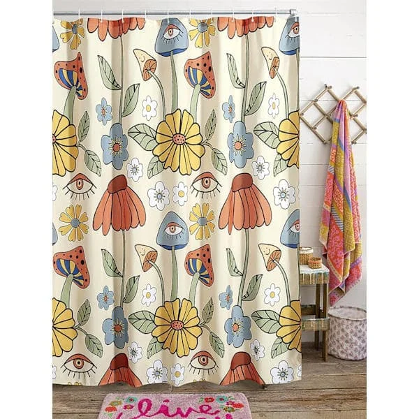 180*180cm Retro 70s Shower Curtain Psychedelic Floral Yellow