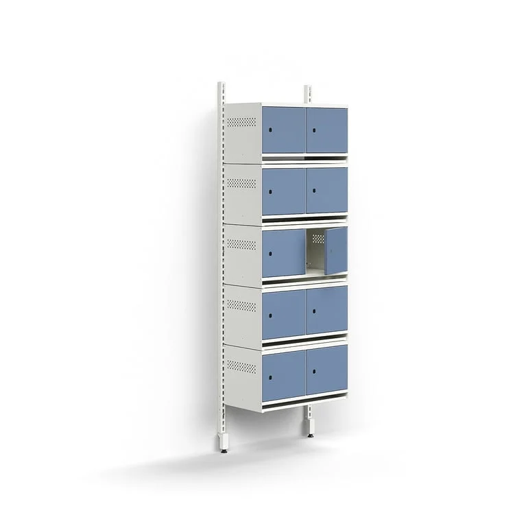 Shoe cabinet ENTRY, basic wall unit, 10 metal doors, 1800x600x300 mm, white/blue