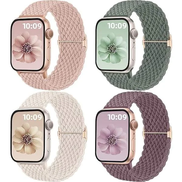 4-pack Solo Loop Vävda Armband, Apple Watch 38/40/41/42mm, Sportarmband, Elastiskt, Unisex, Rök Violett Grön Stjärnljus Rosa