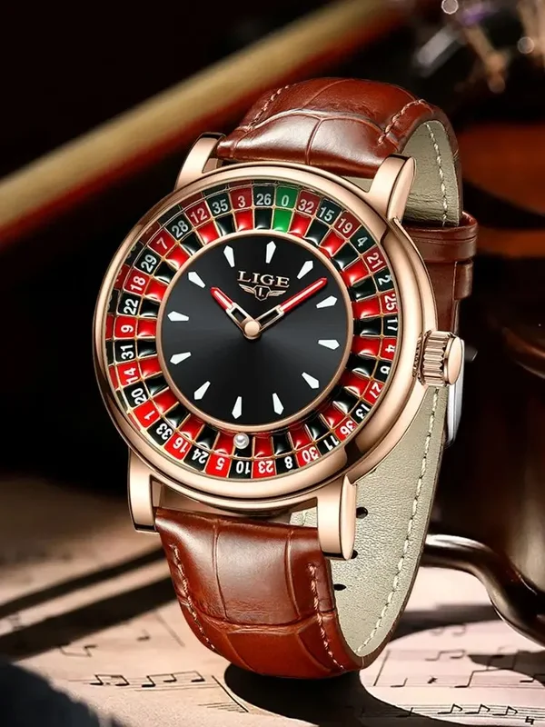 AliExpress - Montre pour homme LIGE en cuir marron tendance, cadran rotatif, thème Las Vegas Roulette, montre de bureau, montre pour homme étanche, 