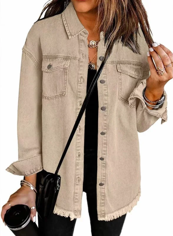 Dame Oversized Denimjakke Casual Lang Boyfriend Distressed Jeanshirt