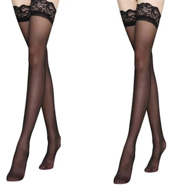Sexy strømper, 2 par sexy gjennomsiktige knestrømper med blonder (svart) M