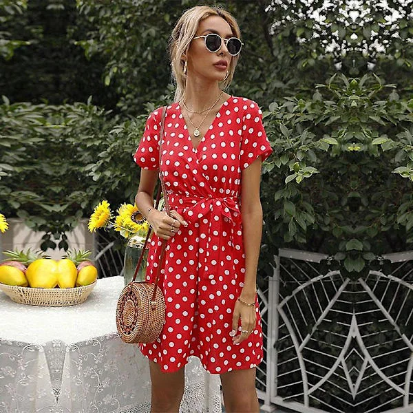 Sommer Høst Polkadot-trykk Kort Kjole Mini Kvinner Uformell V-hals Kortermet Høy Midje Bandasje Belte S-xxl