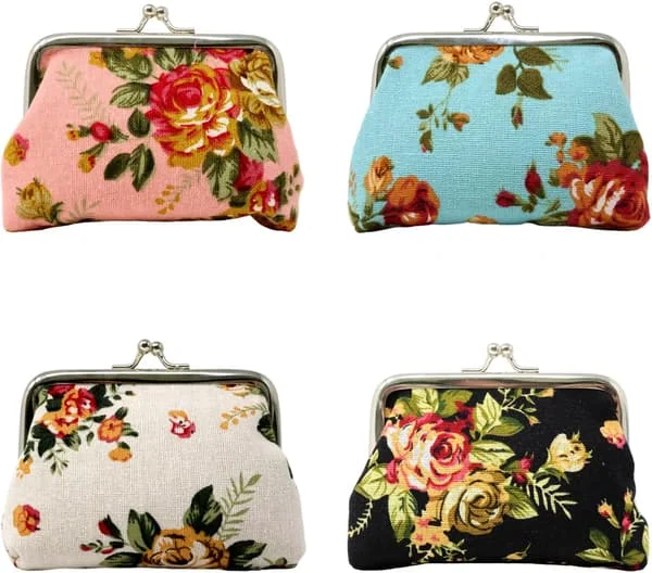 4 STK Vintage Rose Blomst Lerret Myntveske Kiss Lock Change Elegant Pyntegjenstander Pung Liten Clutch for Kvinner 4 STK
