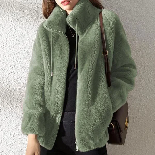 [PL] Fleece Fluffy Teddy Bear Coat Women Single Pocket Jacket Outerwear Green S