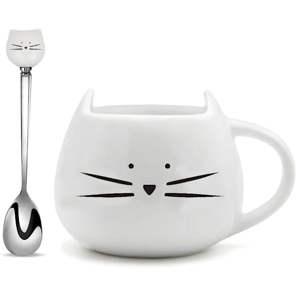 Keramisk kattkaffemugg med skedset för flickor, kattälskare, söta temuggar, presenter till kvinnor, 414 ml, vit