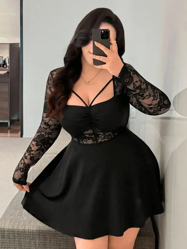 AliExpress - Damenkleid in Übergröße, Spitzenkleid mit langen Ärmeln, gerafftes Kleid, Spitzen-Minikleid, lässige, schicke Kleidung, Kleider für 