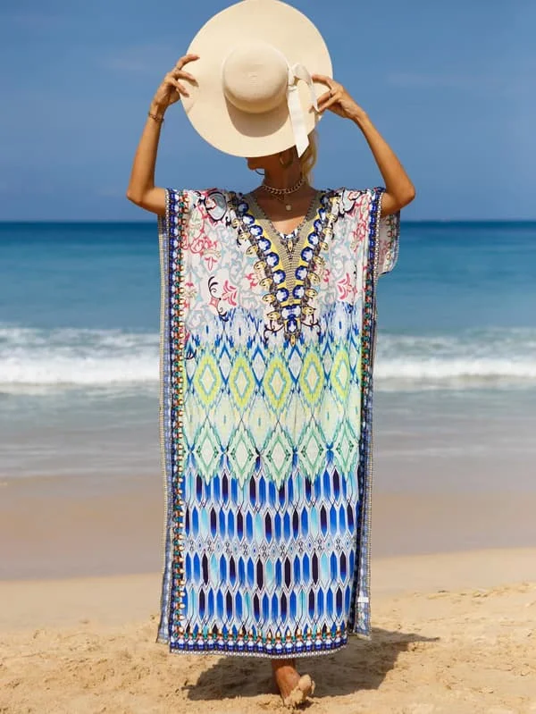 2025 Seneste Model Dame Plus Size Strandkjole Boheme Strandkjole V-Hals Flagermusærme Kåbe Løs Strandkjole Badedragt Cover-up