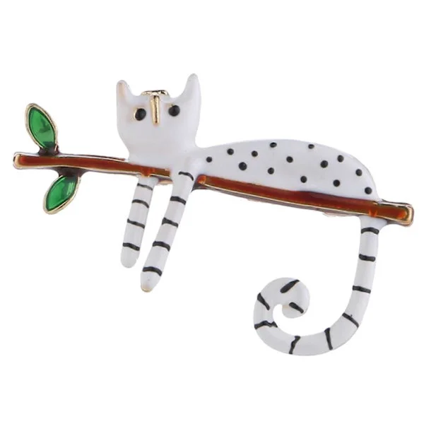 Cat Brooches Cute Animal Cat Lapel Pin for Bag Clothes Coat Lazy Cat Sitting on Tree Brooches Unisex Party White