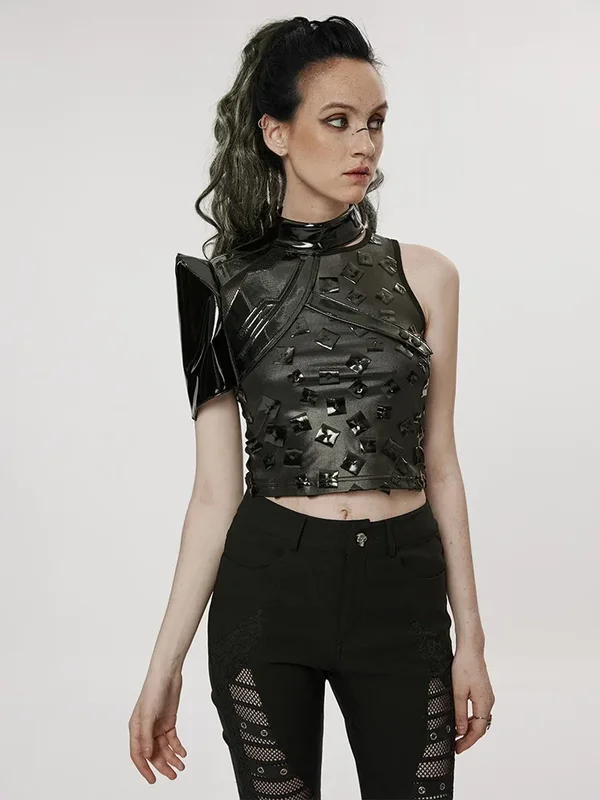 AliExpress - PUNK RAVE Damen-Kurzmantel aus Lackleder im Cyber-Punk-Stil, einzigartige einarmige schwarze Jacke mit futuristischem Muster