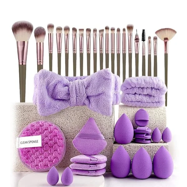 20-40 stk. Makeupbørster og Svampe Sæt med Beauty Egg og Brun Makeup Puff lilla 40 stk.