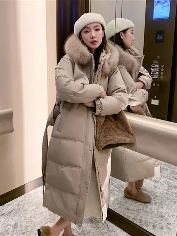 AliExpress - Parka longue à capuche pour femme avec col en laine, coton chaud, doudoune, doudoune, manteau d'hiver, optique, nouveau, 2025