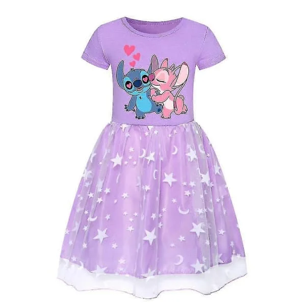 Jenter Lilo & Stitch tegneserieprint kjole tyllskjørt bursdagsfest cosplay fancy kjole lilla 9-10 år lilla-FX- lilla 9-10 år