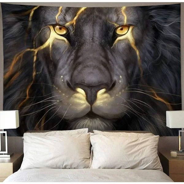 Golden Cool Lion King Målning Väggbonad Hippie Konst Tapet Vägghängande Heminredning Extra Stora Dukar 150x203 cm för Sovrum Vardagsrum D-XF32-