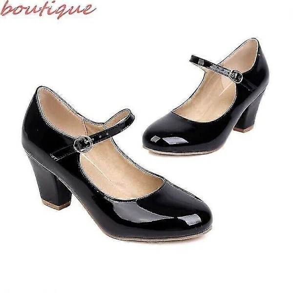 【BQ】Women's Patent Leather Mary Jane Shoes - Round Toe, Block Heel, Ankle Strap Pumps