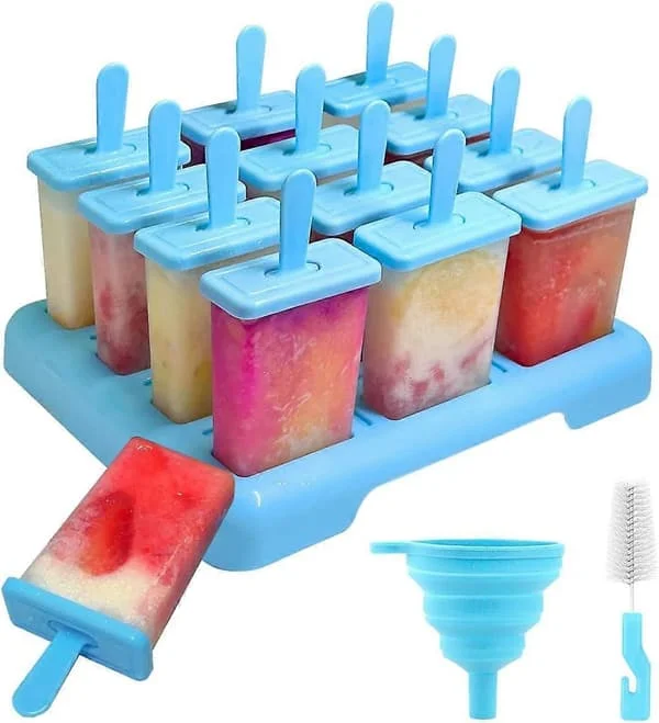 Ice Pop Molds with Sticks, 12-Cavity Ice Pop Maker, BPA-Free Food Grade Ice Pop Molds, DIY Creative Ice Pop Molds with Cleaning Brush, Funnel