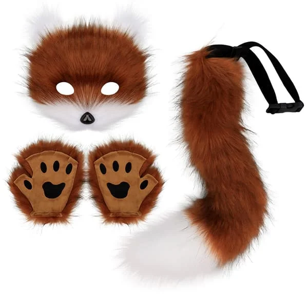 Kunstig Pels Revs Hale Katt Varulv Cosplay Kostyme Sett Plysj Maske Fluffige Poter Hansker Halloween Jul Rød Brun og Hvit