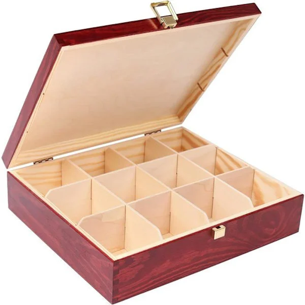 Creative Deco Trälåda för Te - Förvaringslåda för Tepåsar - 29 x 25 x 7,5 cm - 12 Fack - Telåda - Köksförvaring Röd
