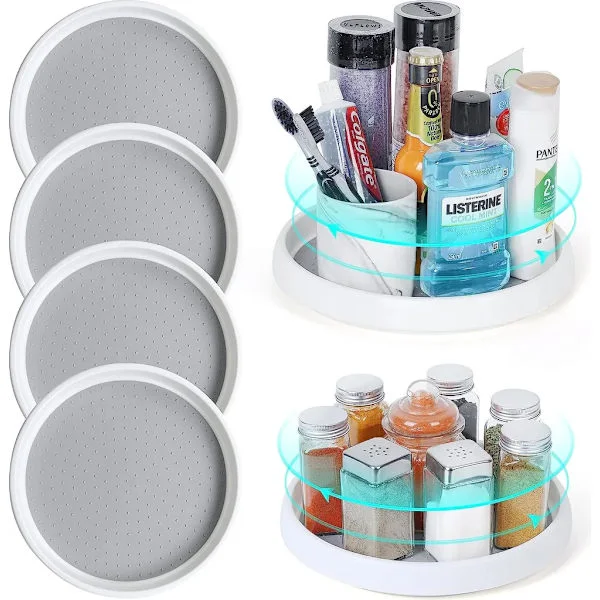 4x Pladespiller Organizer Køkken, 25cm Pladespiller Krydderihylde, 360° Køleskab Roterende Bakke, Rund Køkkenhylde Pladespiller