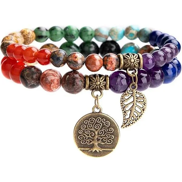 Dam Chakra Armband - Kristall Armband Gåva, Naturliga Ädelstenar, Yoga Reiki - Dubbel Armband Set