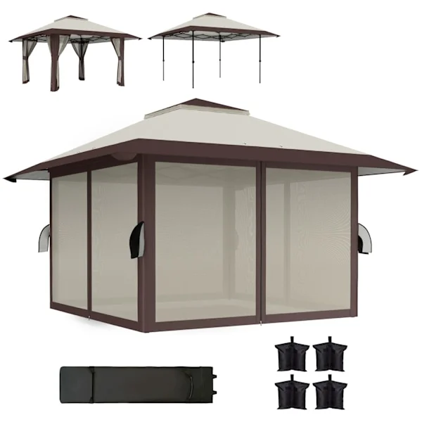 Gazebo 4x4m Vattentät Höjdjusterbar Pop-up Vikbar Gazebo med Mesh Väggar UV 50+ Hopfällbart Partytält Trädgårdstält med Bärväska Sandsäckar Trädgård G