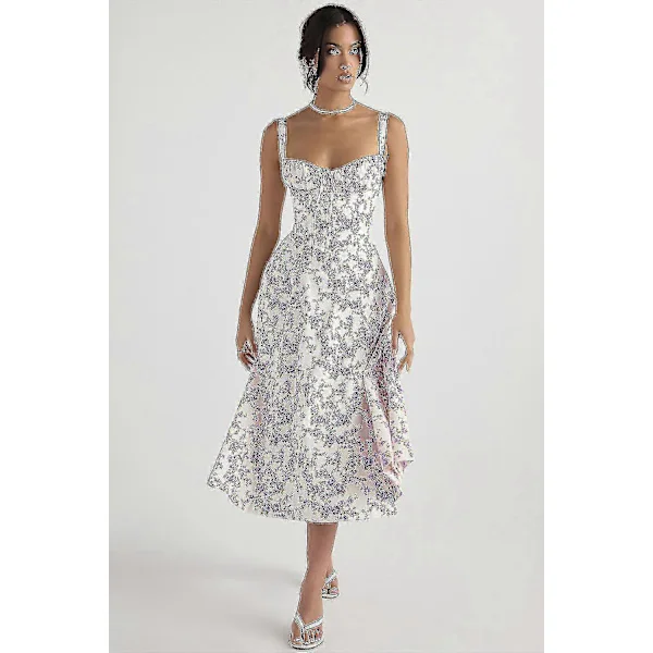 Blomstrete Boho Midi Bustier Kjole Dame Carmen Trykk Sommer Strand Swing Kjoler
