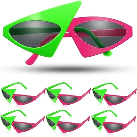6 par nyhedsfest 80'er solbriller hot pink og neon grøn asymmetriske briller sjove briller 80'er solbriller herre nyhed solbriller briller til hiphop 
