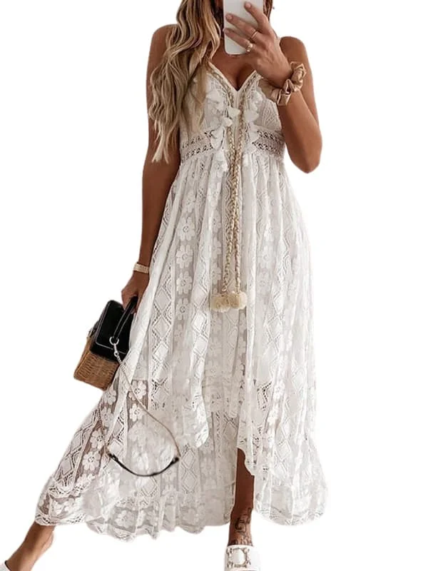 Women's Summer Slip Maxi Dress Lace Up Broom V Neck Flare Ruffle Beach Dresses